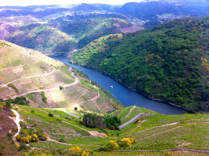 The River Sil flows through terraced land, which is part of the Ribiera Sacra wine region. 
